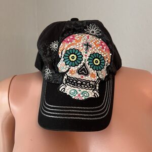 KBETHOS HAT Womens Colorful Sugar Skull Floral Embroidered Cap Rhinestone Bling